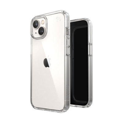 Three-quarter view of back of phone case simultaneously shown with three-quarter front view of phone case#color_clear