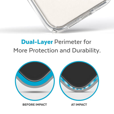 View of corner of phone case impacting ground with illustrations showing before and after impact - Dual layer perimeter for more protection and durability.#color_clear