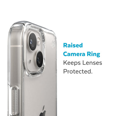 Slightly tilted view of side of phone case showing phone cameras - Raised camera ring keeps lenses protected.#color_clear