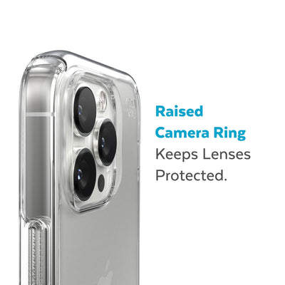 Slightly tilted view of side of phone case showing phone cameras - Raised camera ring keeps lenses protected.#color_clear