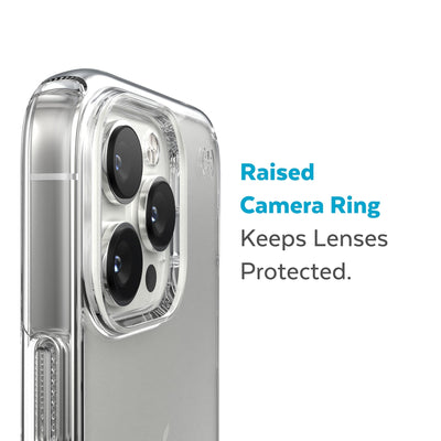 Slightly tilted view of side of phone case showing phone cameras - Raised camera ring keeps lenses protected.#color_clear