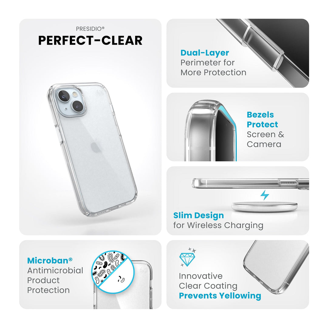 Speck - Presidio Perfect Clear Case for Apple iPhone 15 / iPhone 14 / iPhone 13 - Clear Speck - Presidio Perfect Clear Case for Apple iPhone 15 / iPhone 14 / iPhone 13 - Clear