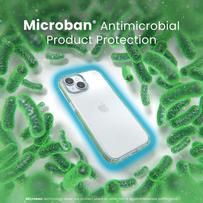 A case with phone inside is surrounded by bacteria. A blue halo around the phone keeps the bacteria away. Text reads Microban antimicrobial product protection. Microban technology does not protect users or other items against disease pathogens.#color_clear