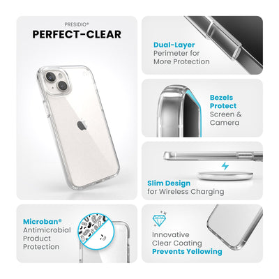 Summary of all product features such as wireless charging compatibility, dual-layer protection, Microban antimicrobial product protection, raised bezels to protect screen and camera, and anti-yellowing clear coating.#color_clear