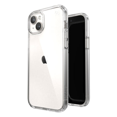 Three-quarter view of back of phone case simultaneously shown with three-quarter front view of phone case.#color_clear