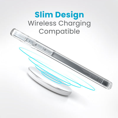 Side view of a case with a phone inside hovering over a wireless charger with concentric circles eminating from charger to signify power transfer. Text in image reads slim design - wireless charging compatible.#color_clear