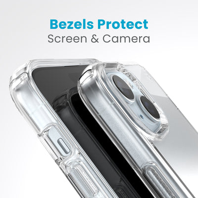 A case with phone inside with camera facing up is lying on top of a case with phone inside with screen facing up. Both are at a sharp angle clearly showing case's raised bezels around screen and camera. Text reads bezels protect screen and camera.#color_clear