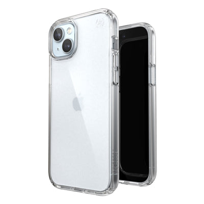 Three-quarter view of back of phone case simultaneously shown with three-quarter front view of phone case.#color_clear