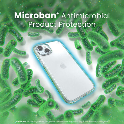 A case with phone inside is surrounded by bacteria. A blue halo around the phone keeps the bacteria away. Text reads Microban antimicrobial product protection. Microban technology does not protect users or other items against disease pathogens.#color_clear