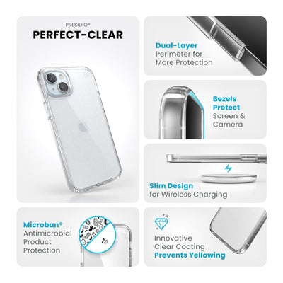 Summary of all product features such as wireless charging compatibility, dual-layer protection, Microban antimicrobial product protection, raised bezels to protect screen and camera, and anti-yellowing clear coating.#color_clear