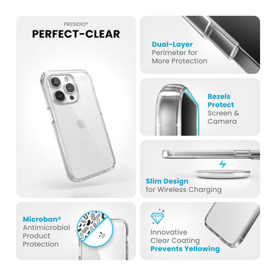 Summary of all product features such as wireless charging compatibility, dual-layer protection, Microban antimicrobial product protection, raised bezels to protect screen and camera, and anti-yellowing clear coating.#color_clear