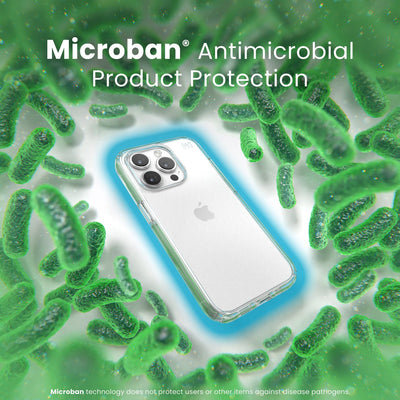 A case with phone inside is surrounded by bacteria. A blue halo around the phone keeps the bacteria away. Text reads Microban antimicrobial product protection. Microban technology does not protect users or other items against disease pathogens.#color_clear
