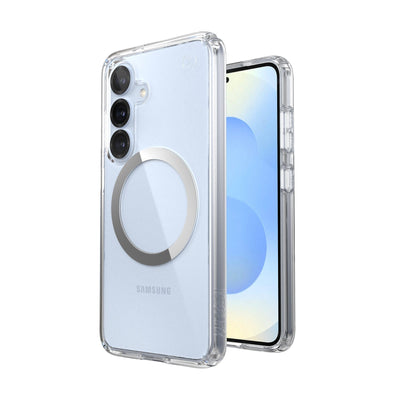 Three-quarter view of back of phone case with phone inside shown over top of front view of phone case with phone inside#color_clear-chrome