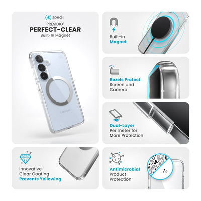 Various close-ups of case are shown. Text reads Speck Presidio Perfect-Clear Magnet: Innovative clear coating prevents yellowing, built-in magnet, bezels protect screen and camera, dual-layer perimeter for more protection, antimicrobial product protection#color_clear-chrome