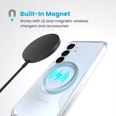 A magnetic charger hovers over the back of the phone case. Text reads Built-In Magnet: Works with Qi and magnetic wireless chargers and accessories#color_clear-chrome