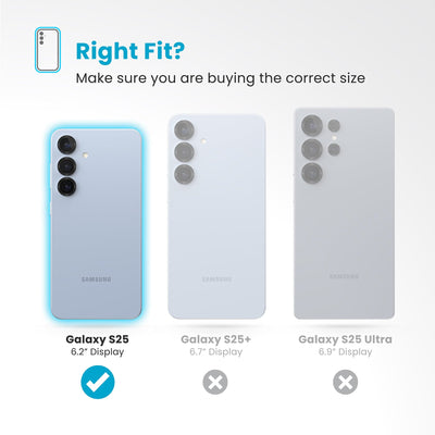 All three phones are shown - Galaxy S25 is highlighted. Text reads Right fit? Make sure you are buying the correct size#color_clear-chrome