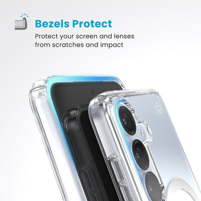 Raised bezels around phone screen and camera are highlighted. Text reads Bezels Protect: Protect your screen and lenses from scratches and impact#color_clear-chrome