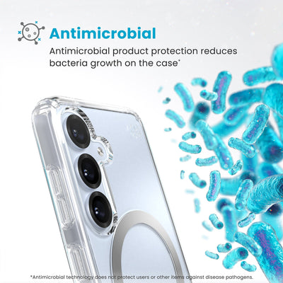 Bacteria is shown around phone case but not on it. Text reads Antimicrobial: Antimicrobial product protection reduces bacteria growth on the case (Antimicrobial technology does not protect users or other items against disease pathogens)#color_clear-chrome