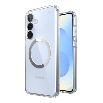 Three-quarter view of back of phone case with phone inside shown over top of front view of phone case with phone inside#color_clear-chrome