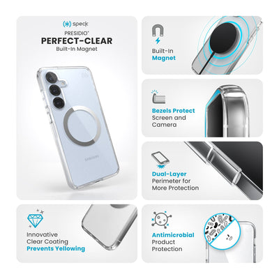 Various close-ups of case are shown. Text reads Speck Presidio Perfect-Clear Magnet: Innovative clear coating prevents yellowing, built-in magnet, bezels protect screen and camera, dual-layer perimeter for more protection, antimicrobial product protection#color_clear-chrome