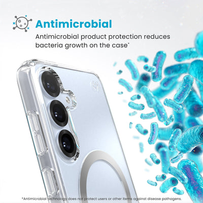 Bacteria is shown around phone case but not on it. Text reads Antimicrobial: Antimicrobial product protection reduces bacteria growth on the case (Antimicrobial technology does not protect users or other items against disease pathogens)#color_clear-chrome