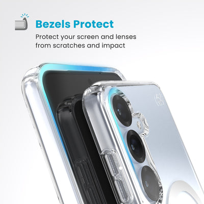 Raised bezels around phone screen and camera are highlighted. Text reads Bezels Protect: Protect your screen and lenses from scratches and impact#color_clear-chrome