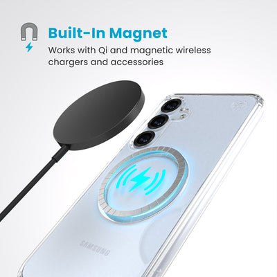 A magnetic charger hovers over the back of the phone case. Text reads Built-In Magnet: Works with Qi and magnetic wireless chargers and accessories#color_clear-chrome