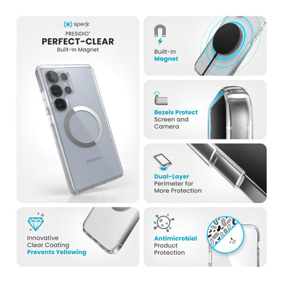 Various close-ups of case are shown. Text reads Speck Presidio Perfect-Clear Magnet: Innovative clear coating prevents yellowing, built-in magnet, bezels protect screen and camera, dual-layer perimeter for more protection, antimicrobial product protection#color_clear-chrome