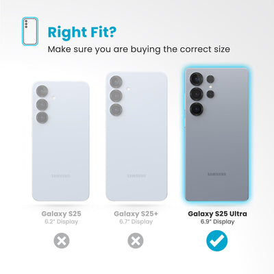 All three phones are shown - Galaxy S25 Ultra is highlighted. Text reads Right fit? Make sure you are buying the correct size#color_clear-chrome