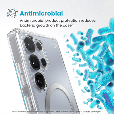 Bacteria is shown around phone case but not on it. Text reads Antimicrobial: Antimicrobial product protection reduces bacteria growth on the case (Antimicrobial technology does not protect users or other items against disease pathogens)#color_clear-chrome