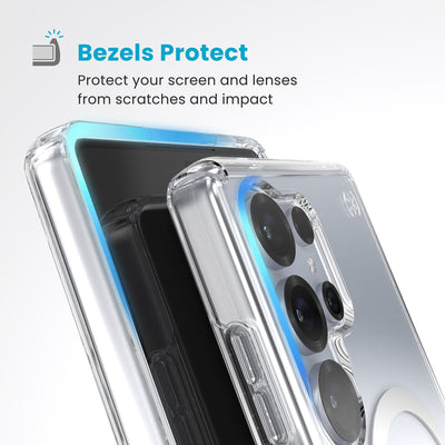 Raised bezels around phone screen and camera are highlighted. Text reads Bezels Protect: Protect your screen and lenses from scratches and impact#color_clear-chrome