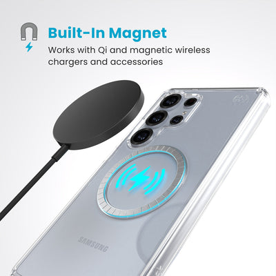 A magnetic charger hovers over the back of the phone case. Text reads Built-In Magnet: Works with Qi and magnetic wireless chargers and accessories#color_clear-chrome