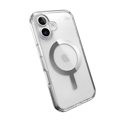 Tilted slight perspective view of back of phone case with phone inside#color_clear-chrome