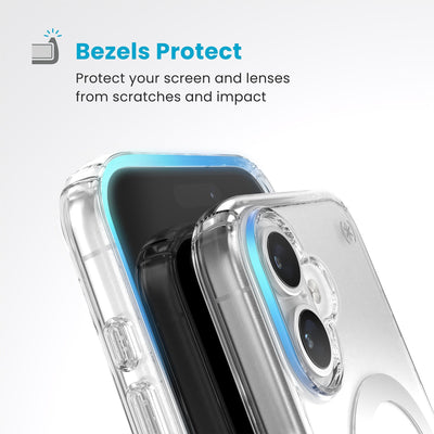 Raised bezels around phone screen and camera are highlighted. Text reads Bezels Protect: Protect your screen and lenses from scratches and impact#color_clear-chrome