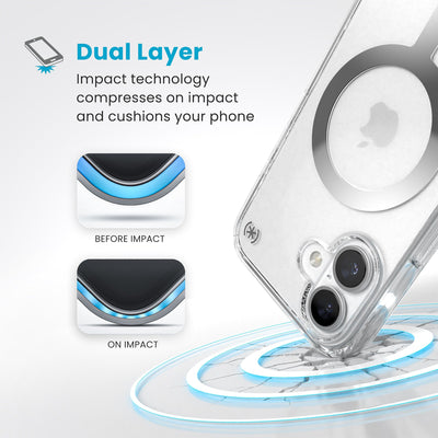 A corner of the case impacts the ground - a diagram shows interior cushion of phone before impact and on impact. Text reads Dual Layer: Impact technology compresses on impact and cushions your phone#color_clear-chrome