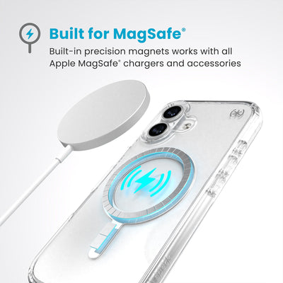 A MagSafe charger hovers over the back of the phone case. Text reads Built for MagSafe: Built-in precision magnets works with all Apple MagSafe chargers and accessories#color_clear-chrome