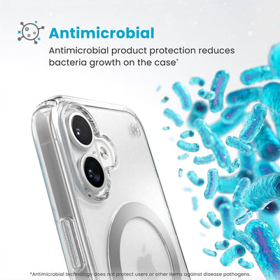 Bacteria is shown around phone case but not on it. Text reads Antimicrobial: Antimicrobial product protection reduces bacteria growth on the case (Antimicrobial technology does not protect users or other items against disease pathogens)#color_clear-chrome