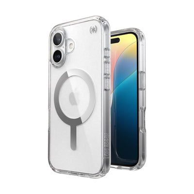 Three-quarter view of back of phone case with phone inside shown over top of front view of phone case with phone inside#color_clear-chrome