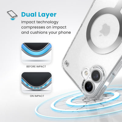 A corner of the case impacts the ground - a diagram shows interior cushion of phone before impact and on impact. Text reads Dual Layer: Impact technology compresses on impact and cushions your phone#color_clear-chrome