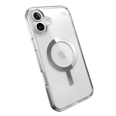 Tilted slight perspective view of back of phone case with phone inside#color_clear-chrome