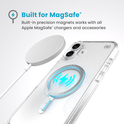 A MagSafe charger hovers over the back of the phone case. Text reads Built for MagSafe: Built-in precision magnets works with all Apple MagSafe chargers and accessories#color_clear-chrome