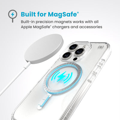 A MagSafe charger hovers over the back of the phone case. Text reads Built for MagSafe: Built-in precision magnets works with all Apple MagSafe chargers and accessories#color_clear-chrome