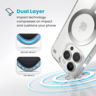 A corner of the case impacts the ground - a diagram shows interior cushion of phone before impact and on impact. Text reads Dual Layer: Impact technology compresses on impact and cushions your phone#color_clear-chrome