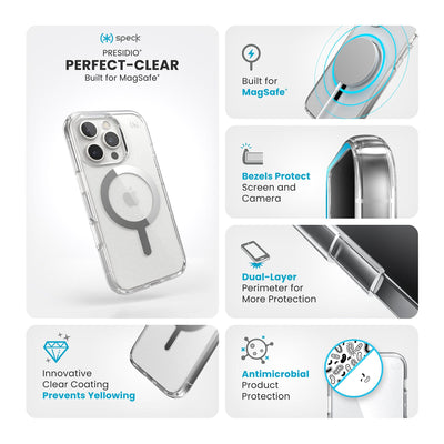 Various close-ups of case are shown. Text reads Speck Presidio Perfect-Clear MagSafe: Innovative clear coating prevents yellowing, built for MagSafe, bezels protect screen and camera, dual-layer perimeter for more protection, antimicrobial product protection#color_clear-chrome