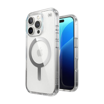 Three-quarter view of back of phone case with phone inside shown over top of front view of phone case with phone inside#color_clear-chrome