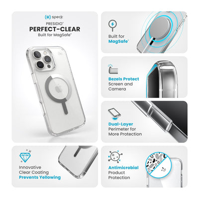 Various close-ups of case are shown. Text reads Speck Presidio Perfect-Clear MagSafe: Innovative clear coating prevents yellowing, built for MagSafe, bezels protect screen and camera, dual-layer perimeter for more protection, antimicrobial product protection#color_clear-chrome