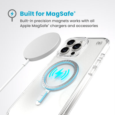 A MagSafe charger hovers over the back of the phone case. Text reads Built for MagSafe: Built-in precision magnets works with all Apple MagSafe chargers and accessories#color_clear-chrome