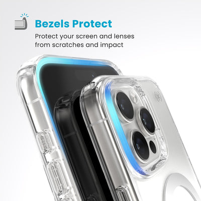 Raised bezels around phone screen and camera are highlighted. Text reads Bezels Protect: Protect your screen and lenses from scratches and impact#color_clear-chrome