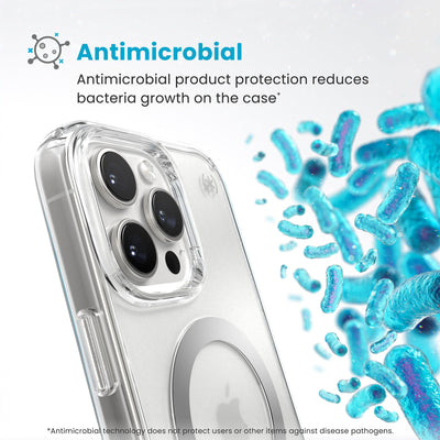 Bacteria is shown around phone case but not on it. Text reads Antimicrobial: Antimicrobial product protection reduces bacteria growth on the case (Antimicrobial technology does not protect users or other items against disease pathogens)#color_clear-chrome