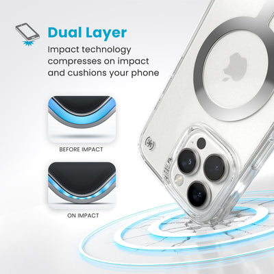 A corner of the case impacts the ground - a diagram shows interior cushion of phone before impact and on impact. Text reads Dual Layer: Impact technology compresses on impact and cushions your phone#color_clear-chrome